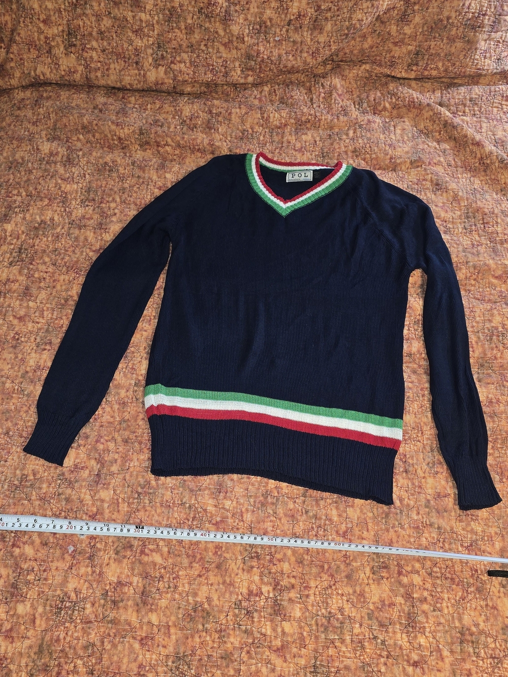 POL Men's Navy V-Neck  Sweater with Red, White & Green Stripes.  Can Be Unisex.